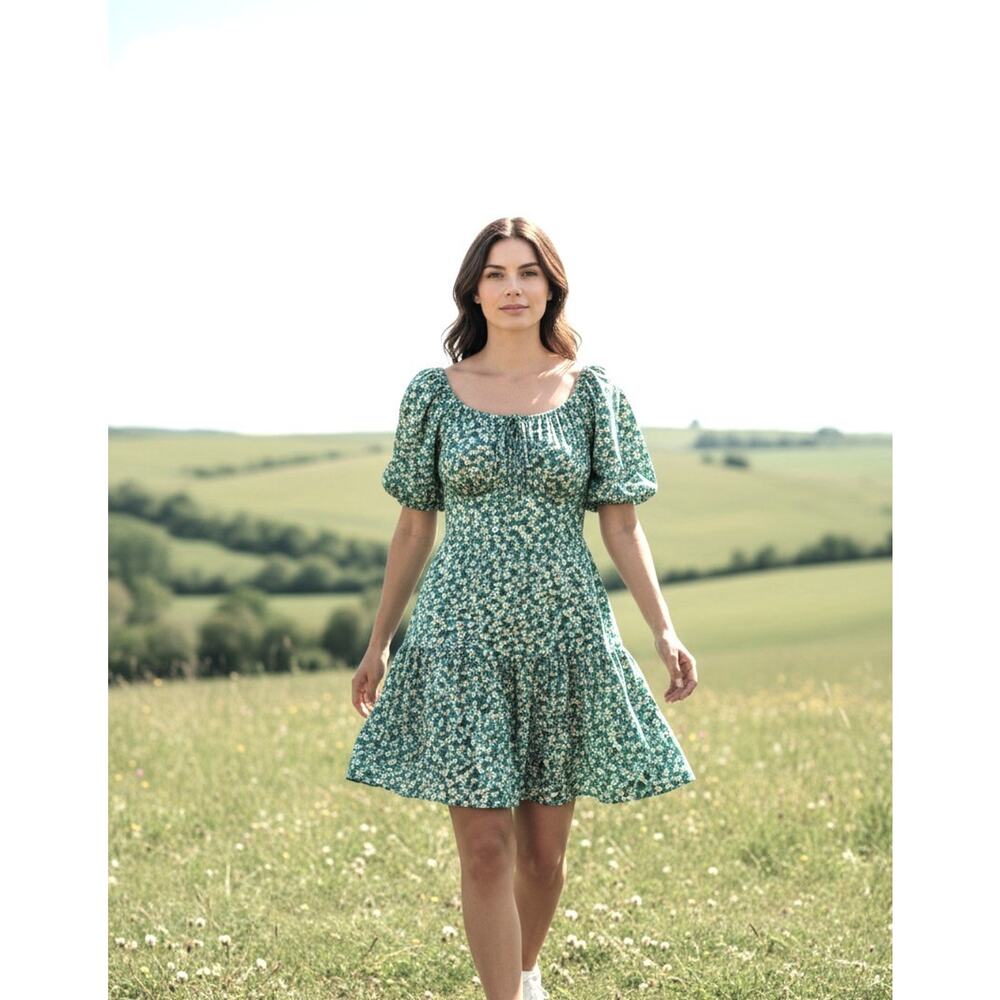 Shein Curve Dress Womens 1XL Green Floral Daisy Smocked Boho Hippie Festival